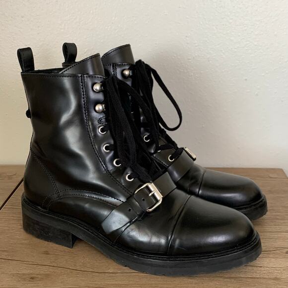 ALLSAINTS Donita Combat Moto Boots 11 US 41 EU Goat Leather Lace Up Buckle - Picture 1 of 16